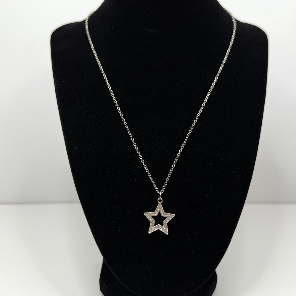 Silver Star Rhinestone Pendant Necklace Silver Tone Chain Jewelry 10 in L